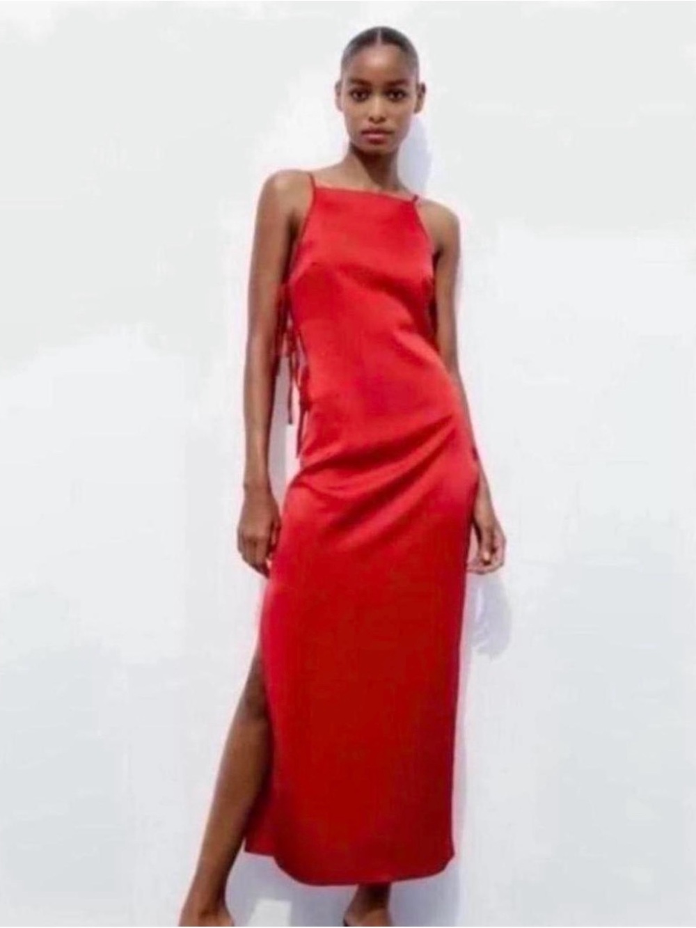 Zara Red Satin Maxi Slip Dress with Side Ties